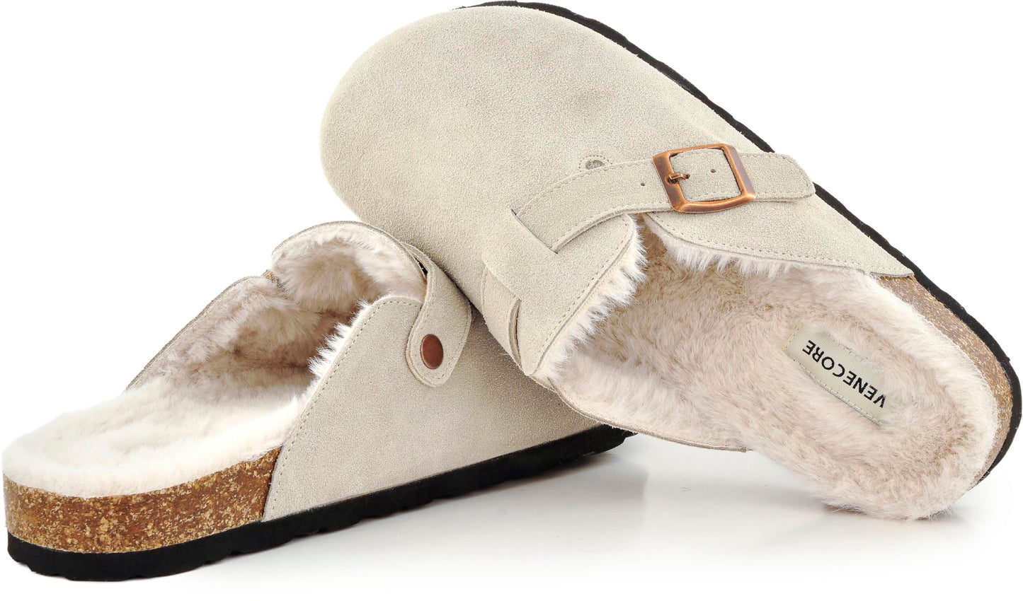 Erica Women's Cork Footbed Clogs Genuine Soft Suede Fuzzy Faux Fur Lined Comfort Cushioned Mule Slide Shoes