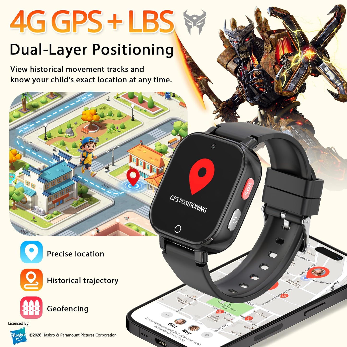 Transformers 4G Kids Smart Watch Phone, GPS, Video Call, Waterproof - Pink | Smartwatch for Boys Girls Ages 4-12, Class Mode, SOS, Camera, Alarm, Touch Screen, Gifts with Bonus Woven Strap & SIM Card