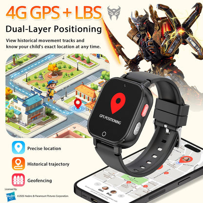 Transformers 4G Kids Smart Watch Phone, GPS, Video Call, Waterproof - Pink | Smartwatch for Boys Girls Ages 4-12, Class Mode, SOS, Camera, Alarm, Touch Screen, Gifts with Bonus Woven Strap & SIM Card