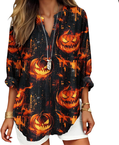 Womens Bohemian Print Tunic Top Cotton Blend V Neck Long Sleeve Loose Fit Casual Blouse for Summer Beach Vacation