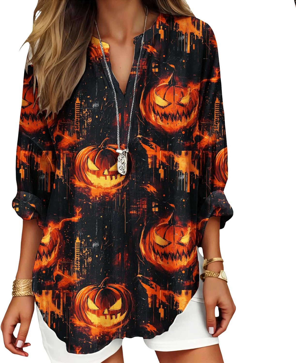 Womens Bohemian Print Tunic Top Cotton Blend V Neck Long Sleeve Loose Fit Casual Blouse for Summer Beach Vacation
