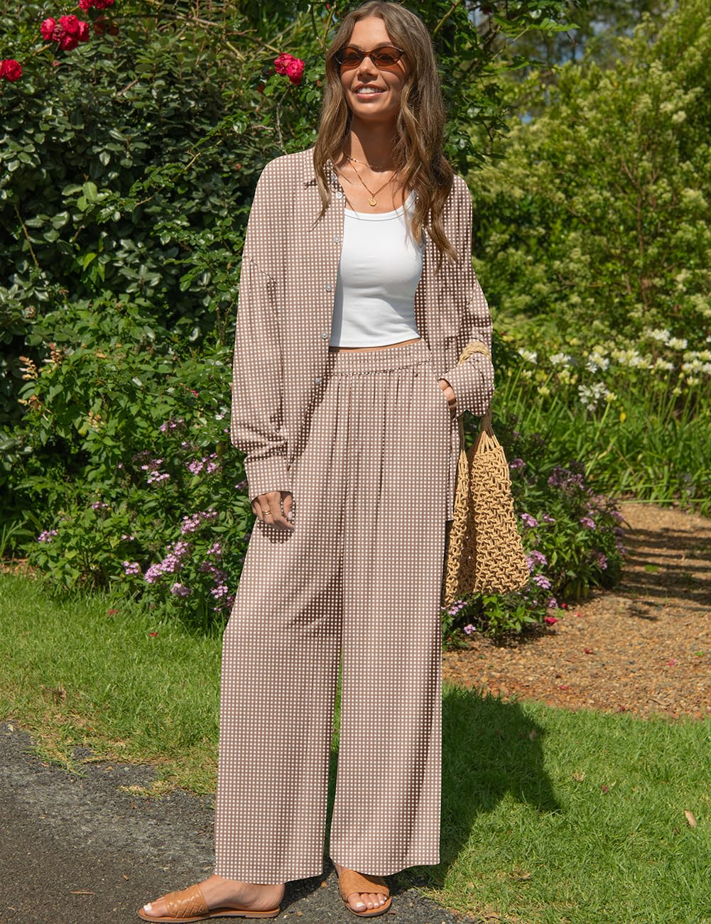 TARSE Womens Linen 2 Piece Outfits Casual Lounge Sets | Long Sleeve, Button Down Shirt and Wide Leg Pants, loose fit linen, vacation outfits with Pockets