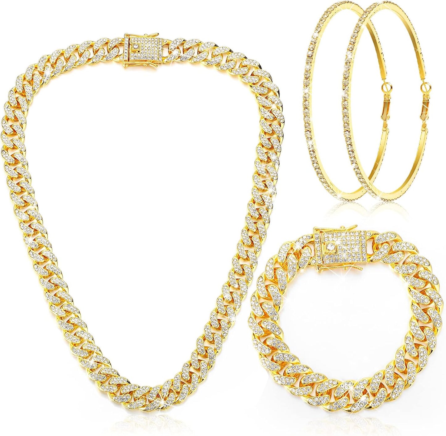 Batiyeer 3 Pcs Cuban Link Chain Necklace Bracelet Rhinestone Hoop Earrings Bling Crystal Hip Hop Jewelry for Women(18 Inch,Gold)