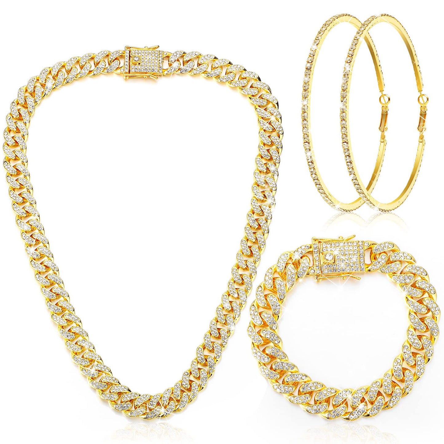 Batiyeer 3 Pcs Cuban Link Chain Necklace Bracelet Rhinestone Hoop Earrings Bling Crystal Hip Hop Jewelry for Women(18 Inch,Gold)
