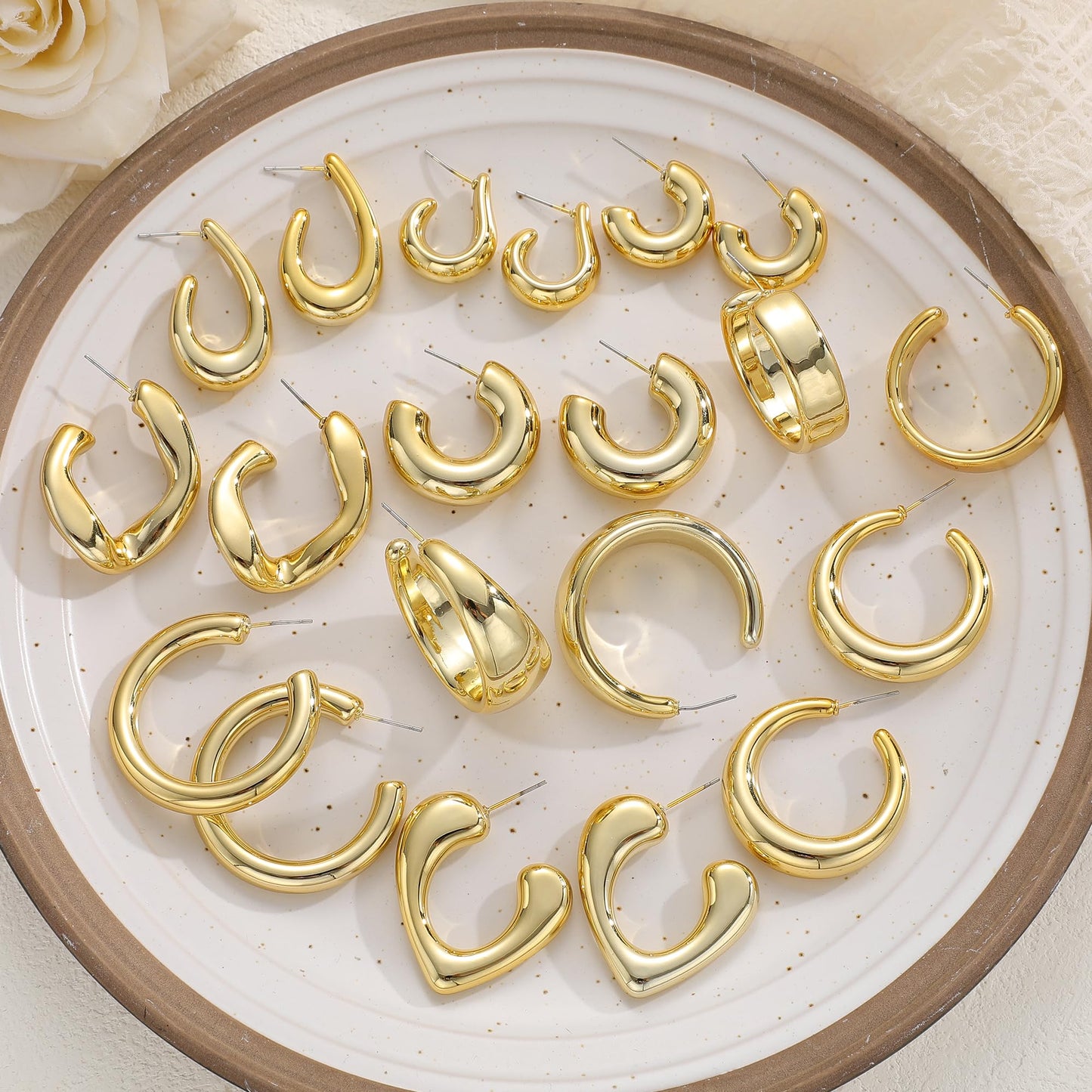 12 Pairs Chunky Gold Hoop Earrings for Women Trendy, Gold Plated Lightweight Hypoallergenic Stack, Thick Open Twisted Huggie Hoops Earring Set