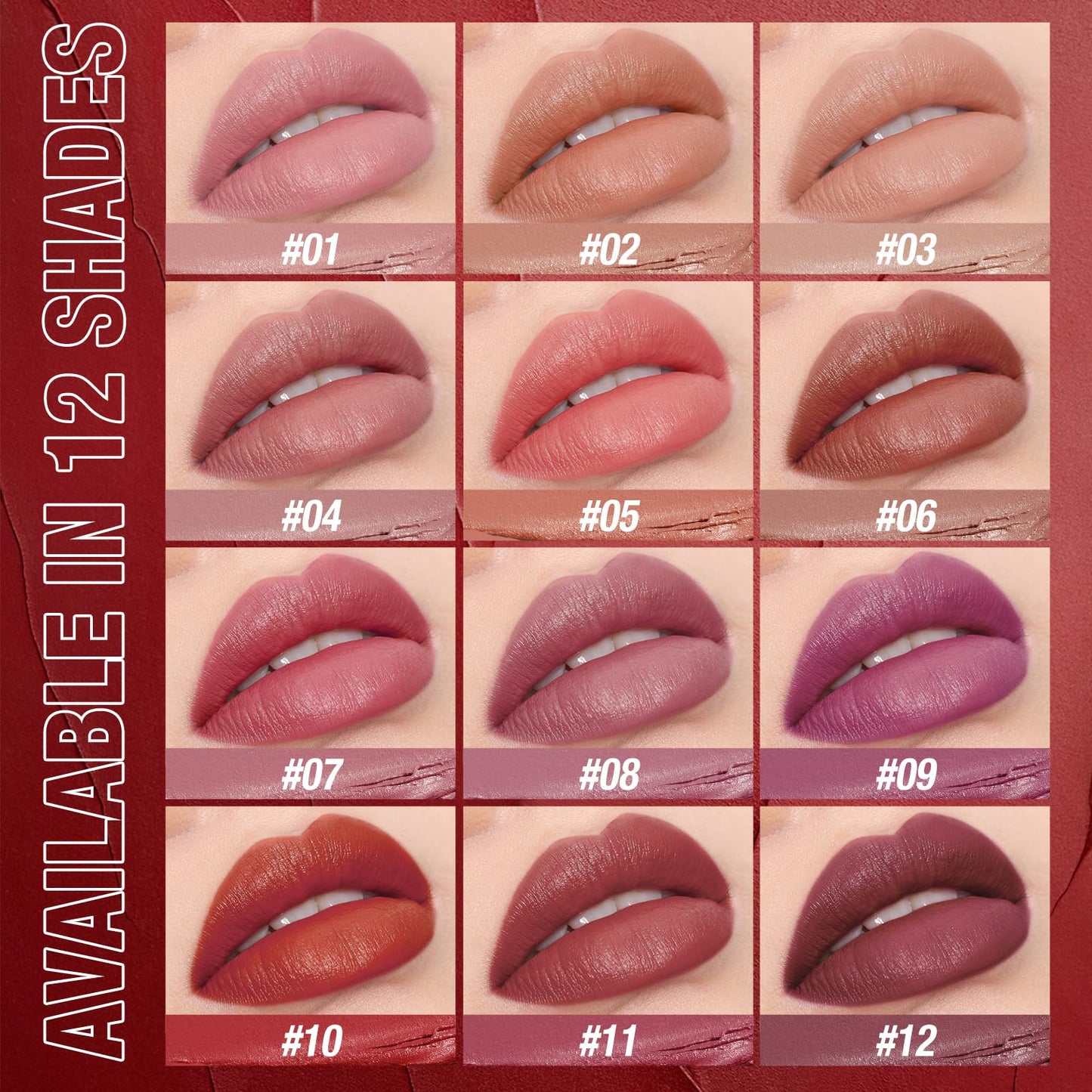 12Pcs Velvet Matte Lipstick Set, Nude to Dark Shades, Long-Lasting,Color A | Highly pigmented matte color, smooth creamy glide, waterproof wear, nude-to-dark tones, ideal for daily makeup or gifting