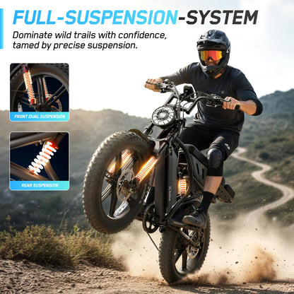 Electric Bike for Adults, Peak 1500W Motor Retro E Bike, Range 65/120Miles, 48V 15Ah Removable Battery, 20"x4" Fat Tires, Full Suspension, APP Control, Off-Road Ebike for City Commuting