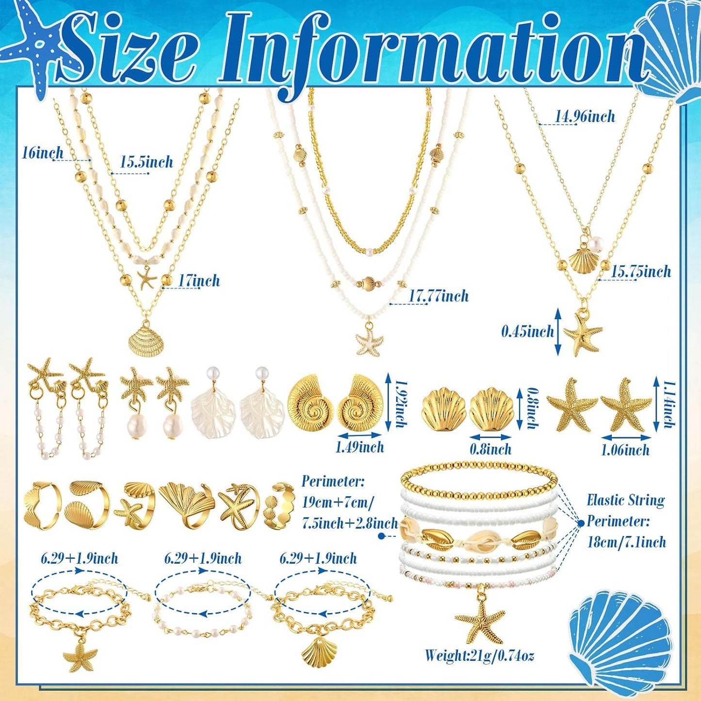Tondiamo 23 Pcs Seashell Starfish Jewelry Set Boho Summer Beach Mermaid Accessories Layered Charm Necklace Earrings Studs Bracelets Rings for Women Holiday Vacation Wedding Party Gift