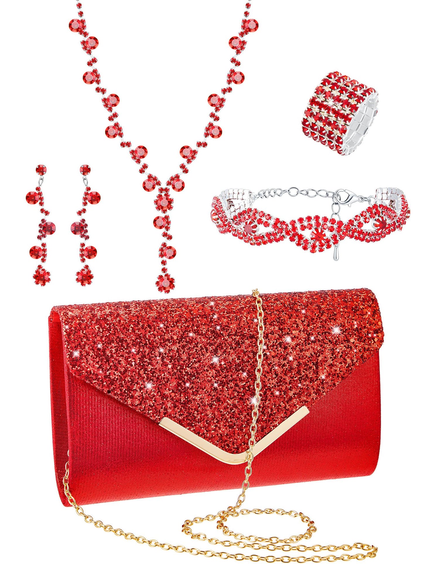 Henoyso 5 Pcs Purse Rhinestone Jewelry Set Prom Jewelry Rhinestone Clutch Purse Necklace Earrings Bracelets for Women Bride
