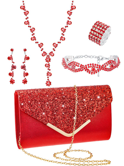 Henoyso 5 Pcs Purse Rhinestone Jewelry Set Prom Jewelry Rhinestone Clutch Purse Necklace Earrings Bracelets for Women Bride