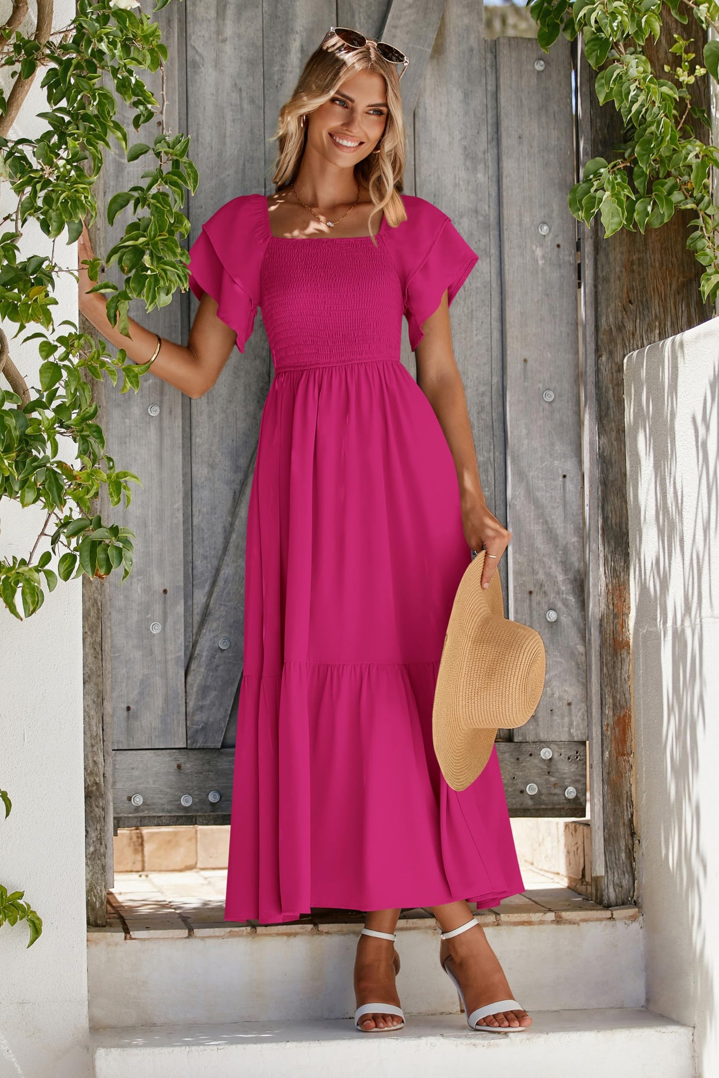 MASCOMODA Womens Summer Casual Midi Dress Square Neck Ruffle Short Sleeve Smocked High Waist A Line Wedding Guest Dresses