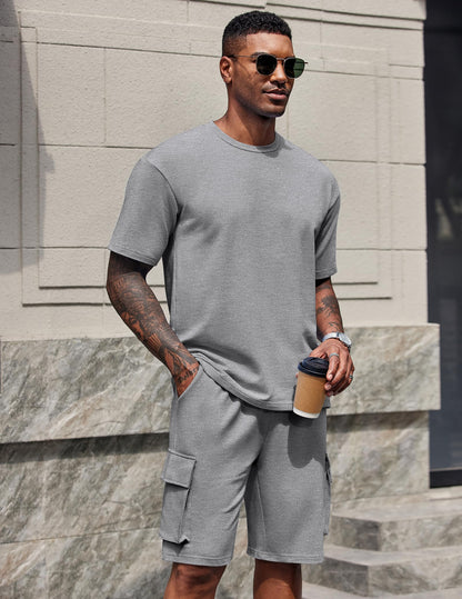 COOFANDY Men's Shirt and Shorts Set 2 Piece Fashion Summer Tracksuits Cotton Oversized T-Shirts Cargo Shorts Outfits