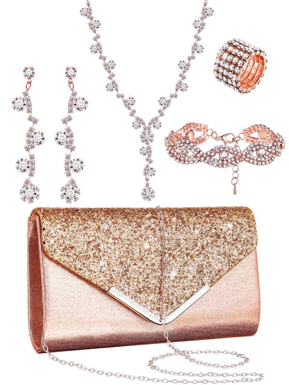 Henoyso 5 Pcs Purse Rhinestone Jewelry Set Prom Jewelry Rhinestone Clutch Purse Necklace Earrings Bracelets for Women Bride