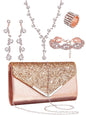 Henoyso 5 Pcs Purse Rhinestone Jewelry Set Prom Jewelry Rhinestone Clutch Purse Necklace Earrings Bracelets for Women Bride