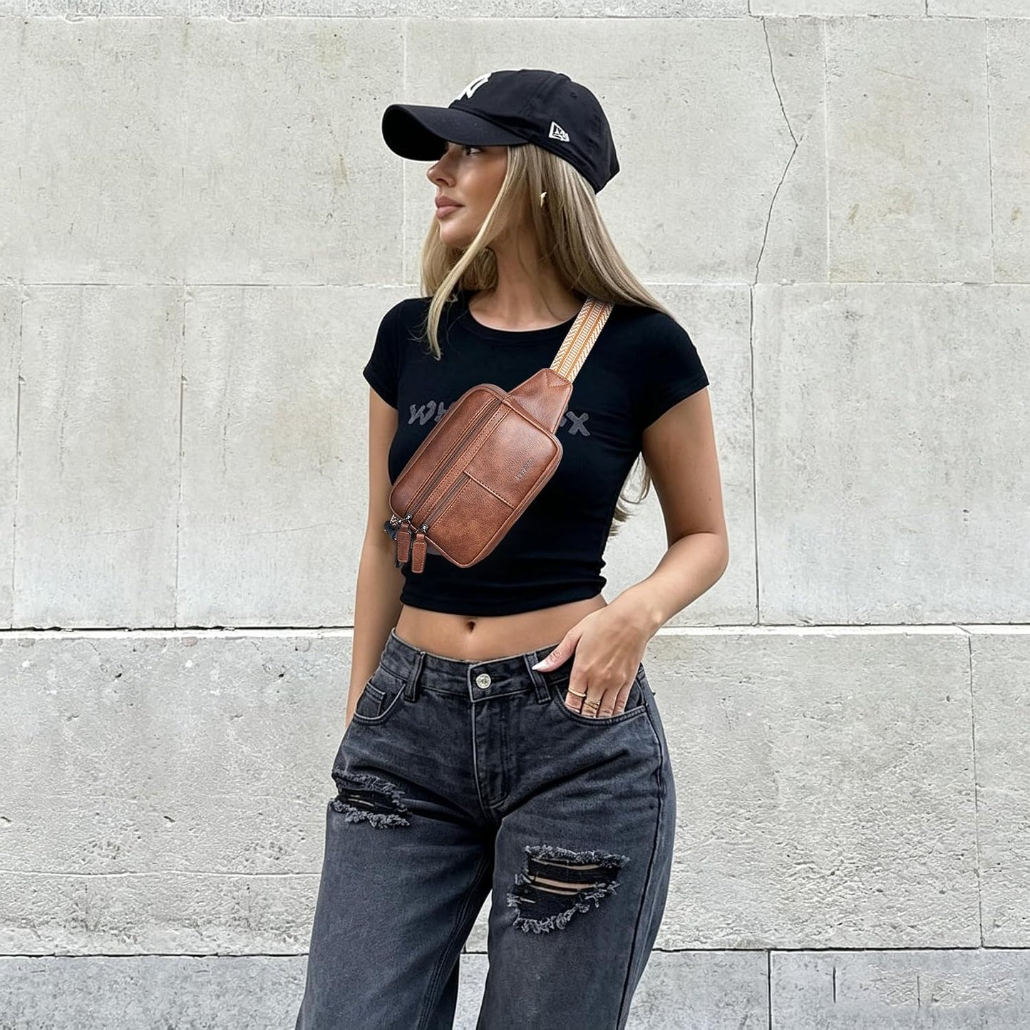 Leresas Fanny Packs for Women Vegan Leather Belt Bag Chic Cross Body Waist Pack Waist Purse for Travel Hiking Running Brown