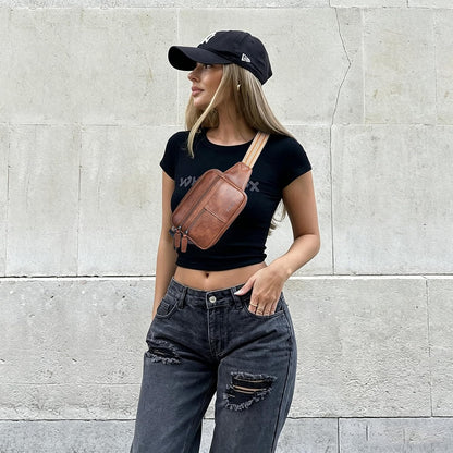 Leresas Fanny Packs for Women Vegan Leather Belt Bag Chic Cross Body Waist Pack Waist Purse for Travel Hiking Running Brown