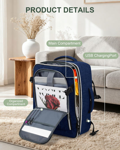 Travel Carry On 17.5" Laptop Expandable Backpack for Men Women, Personal Item Bag Waterproof Airline Approved with USB Charging Hole 3 Packing Cubes, Large Weekender Daypack Business Luggage Suitcase