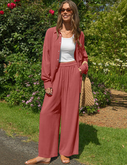 TARSE Womens Linen 2 Piece Outfits Casual Lounge Sets | Long Sleeve, Button Down Shirt and Wide Leg Pants, loose fit linen, vacation outfits with Pockets