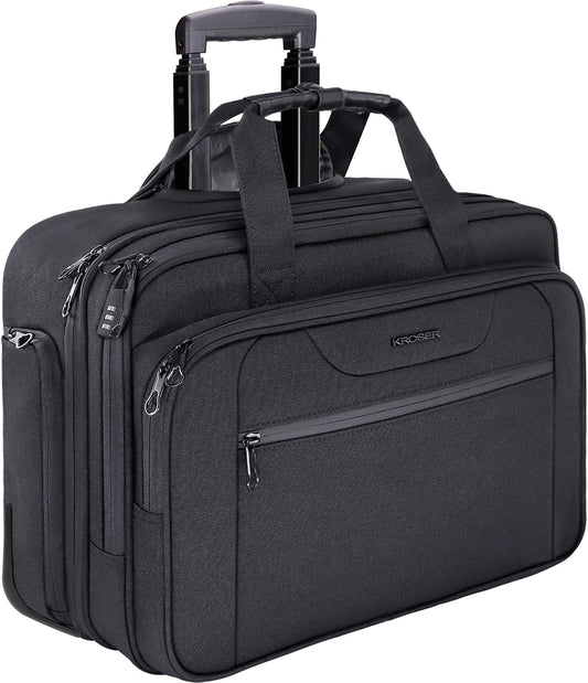 KROSER Rolling Laptop Bag Premium Wheeled Briefcase Fits Up to 17.3 Inch Laptop Overnight Roller Case Computer Bag with RFID Pockets for Travel/Business/Men/Women-Black