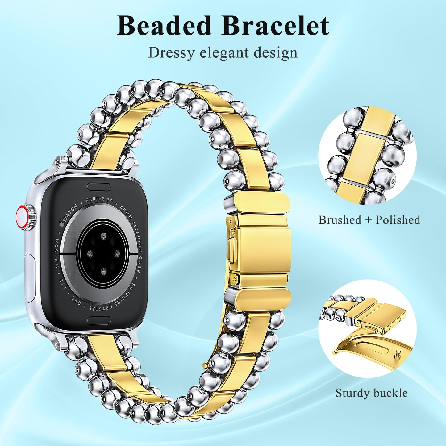 TOYOUTHS Beaded Bracelet Compatible with Apple Watch Bands 38/40/41/42/44/45/46/49mm Women, Dressy Fancy Stainless Steel Metal Elegant Jewelry Strap for iWatch Series 11 10 9 8 7 6 5 4 Ultra/SE 3 2 1