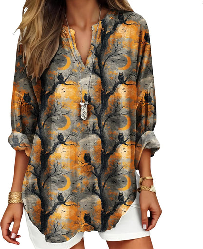 Womens Bohemian Print Tunic Top Cotton Blend V Neck Long Sleeve Loose Fit Casual Blouse for Summer Beach Vacation