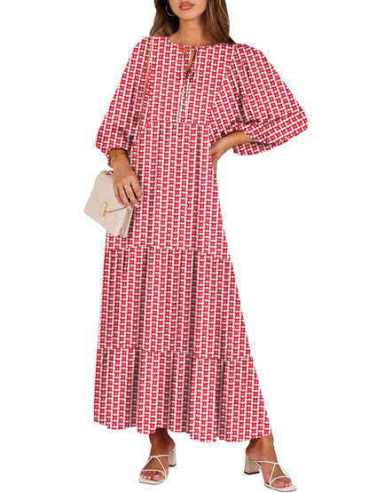 ANRABESS Womens Boho Floral 3/4 Puff Sleeve Maxi Dress | Tiered Flowy Loose Fit, Comfy Soft Rayon Fabric, Wedding Guest Church Beach, Modest Elegant, Spring Summer Fall Outfits