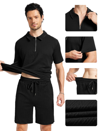 yuyangdpb Men's 2 Piece Summer Vacation Outfits Polo Shirt & Shorts Set | Breathable Textured Knit Fabric, Stretchy, Soft, Moisture-wicking, Lightweight, Ideal for Beach Casual Tracksuit, M-2XL