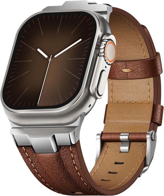 Leather bands Compatible With Apple Watch Ultra Band 49mm 46mm 45mm 44mm 42mm, Superior Genuine Leather Rugged Metal Connector Durable Strap for Men iWatch Ultra3 2 1,Series 11 10 9 8 7 6 5 4 3 SE3 SE