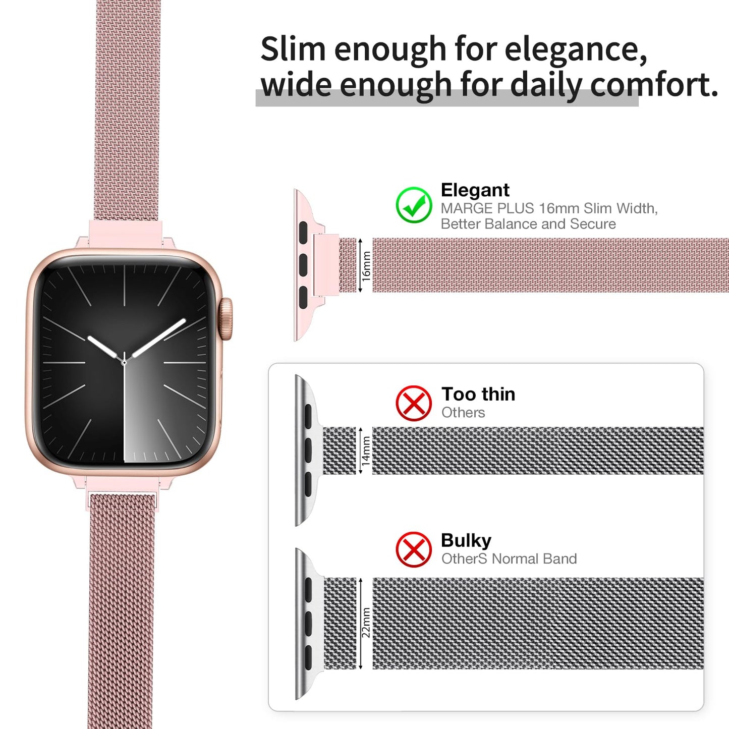 MARGE PLUS Slim Milanese Loop Compatible with Apple Watch Band for women 41mm 40mm 38mm 42mm 46mm 45mm 44mm, Stainless Steel Magnetic Mesh Strap work on iWatch Series 11 10 9 8 7 6 5 4 3 & SE 3 2 1
