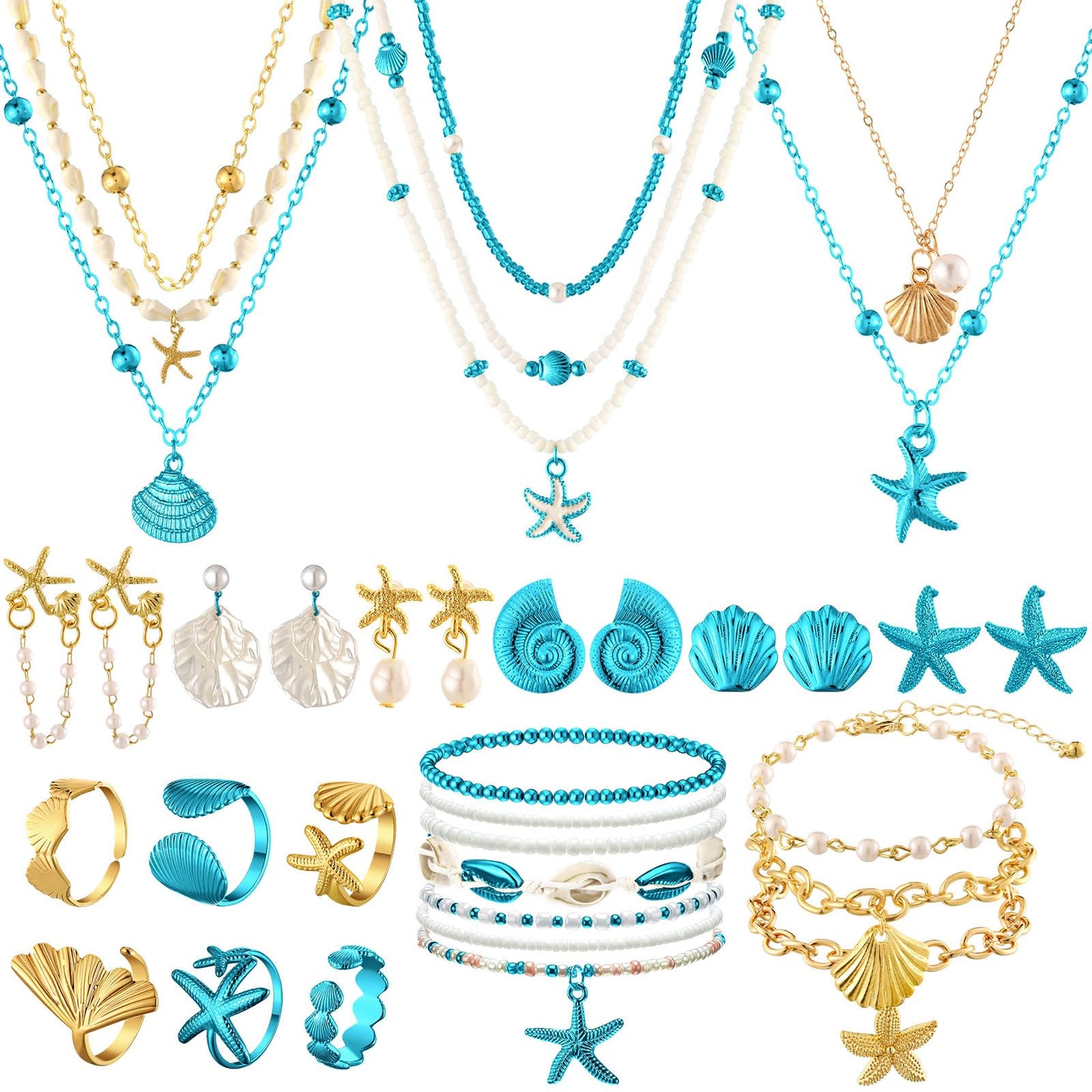 Tondiamo 23 Pcs Seashell Starfish Jewelry Set Boho Summer Beach Mermaid Accessories Layered Charm Necklace Earrings Studs Bracelets Rings for Women Holiday Vacation Wedding Party Gift