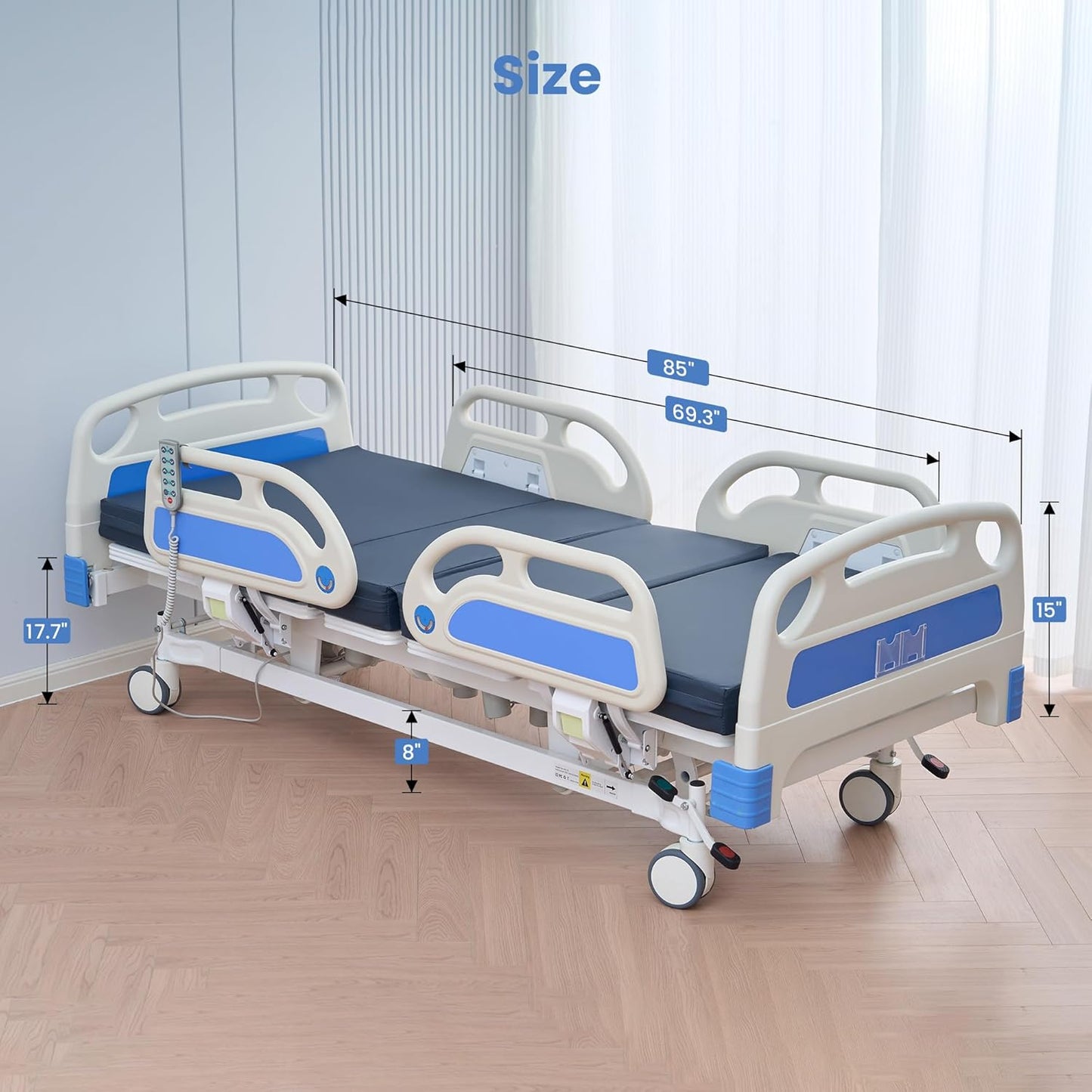 Careboda Premium 5 Function Full Electric Hospital Bed, Hospital Bed with PU Advanced Mattress, Quiet Wheels & IV Pole, ICU Electric Medical Bed with Core Motor, 85" x 41", 530lbs, Hospital & Home Use