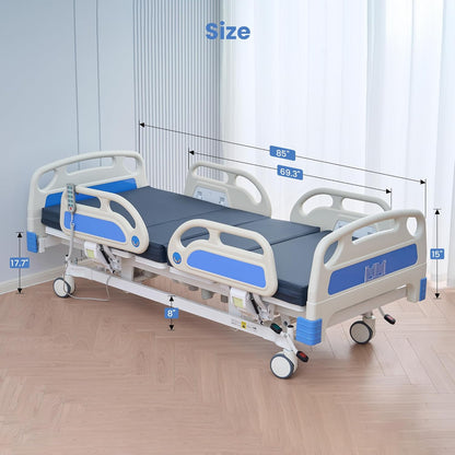 Careboda Premium 5 Function Full Electric Hospital Bed, Hospital Bed with PU Advanced Mattress, Quiet Wheels & IV Pole, ICU Electric Medical Bed with Core Motor, 85" x 41", 530lbs, Hospital & Home Use