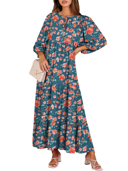 ANRABESS Womens Boho Floral 3/4 Puff Sleeve Maxi Dress | Tiered Flowy Loose Fit, Comfy Soft Rayon Fabric, Wedding Guest Church Beach, Modest Elegant, Spring Summer Fall Outfits