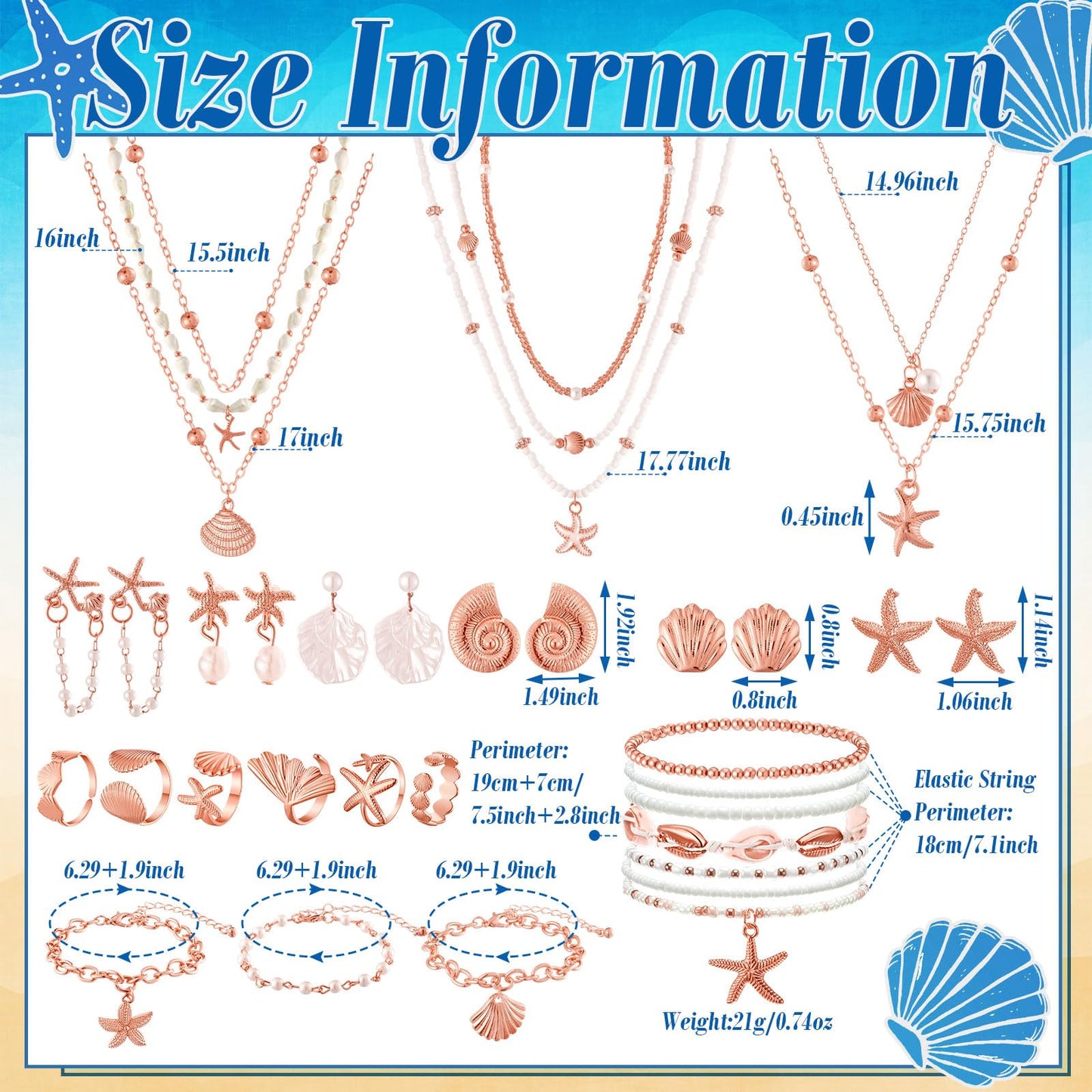 Tondiamo 23 Pcs Seashell Starfish Jewelry Set Boho Summer Beach Mermaid Accessories Layered Charm Necklace Earrings Studs Bracelets Rings for Women Holiday Vacation Wedding Party Gift