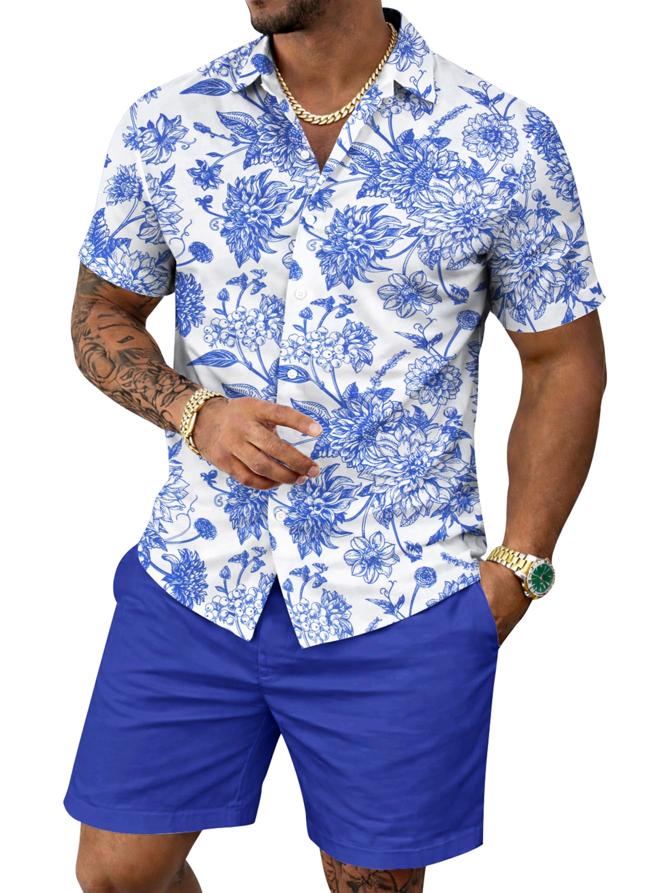 Yoimira Men's Summer Outfits 2 Piece Short Sets Hawaiian Floral Button Down Shirt and Shorts Vacation Beach Cruise Set