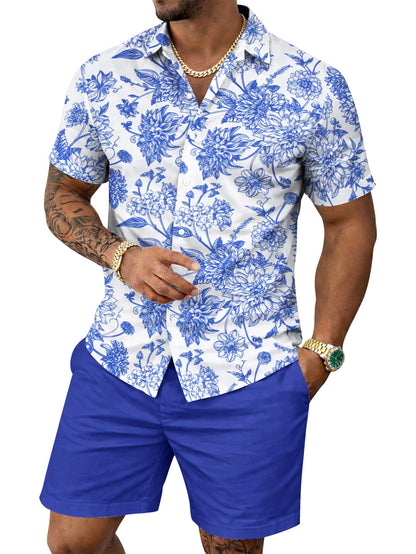 Yoimira Men's Summer Outfits 2 Piece Short Sets Hawaiian Floral Button Down Shirt and Shorts Vacation Beach Cruise Set