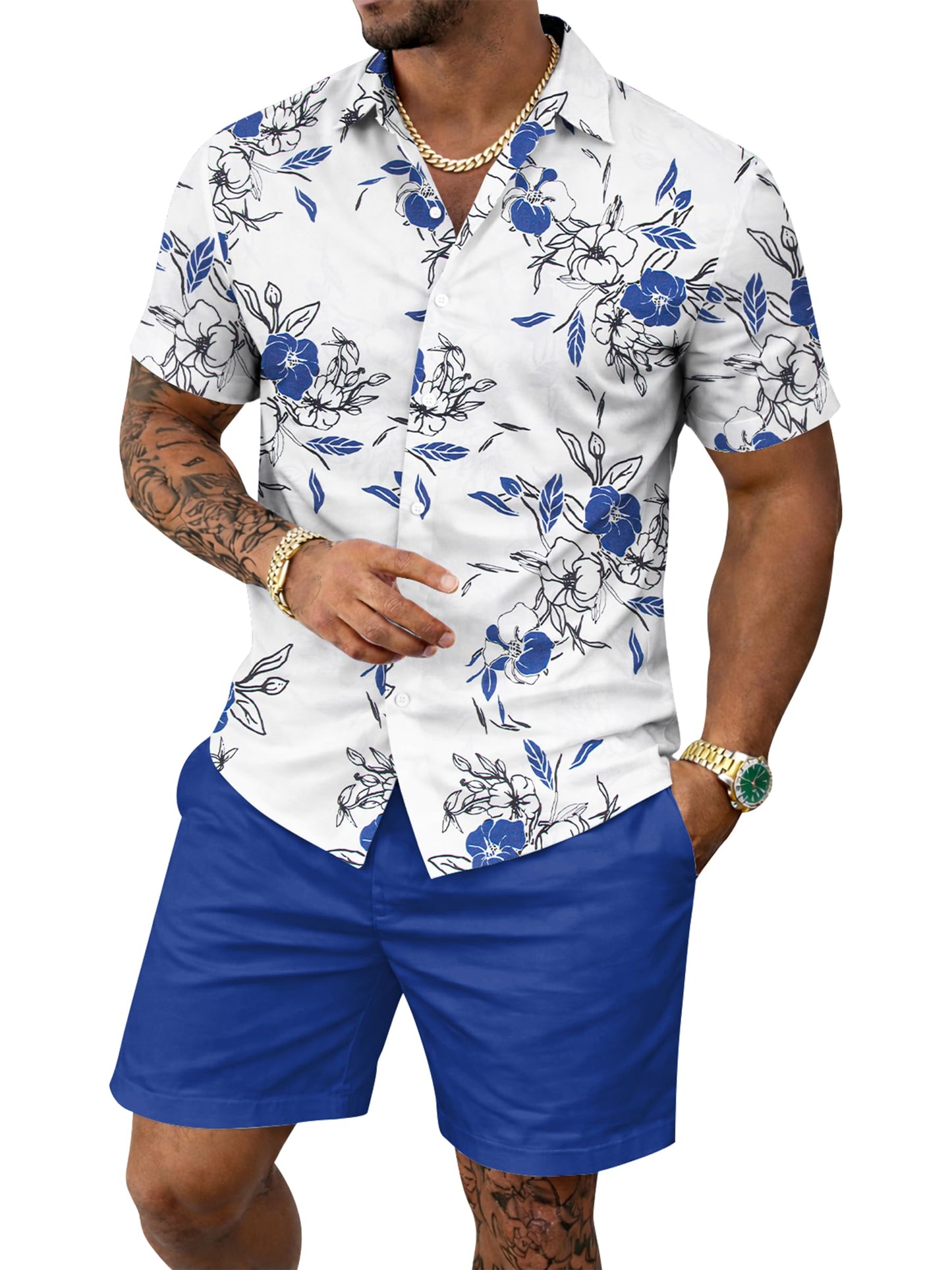 Yoimira Men's Summer Outfits 2 Piece Short Sets Hawaiian Floral Button Down Shirt and Shorts Vacation Beach Cruise Set
