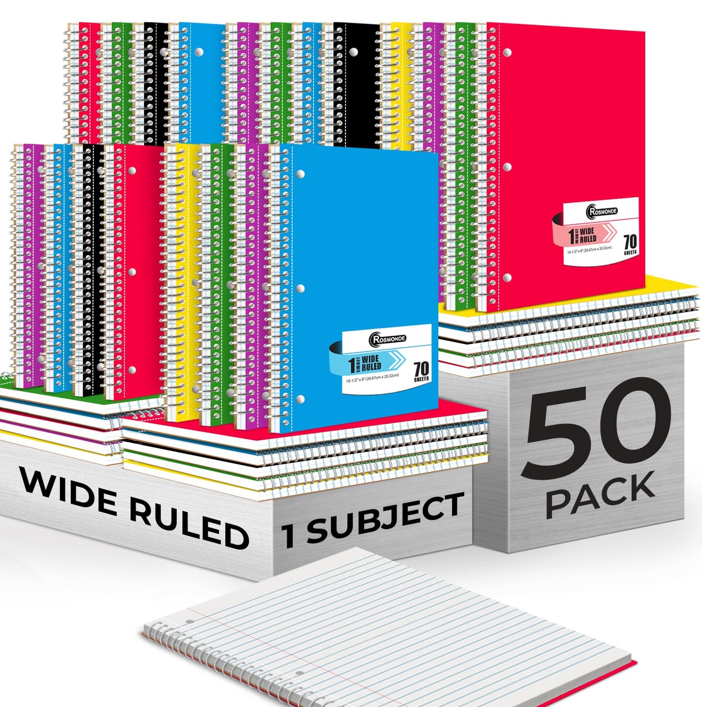 Rosmonde Spiral Notebooks, 12 Pack, 1 Subject Notebook, Wide Ruled, 70 Sheets, 8 x 10-1/2", 3 Hole Punched, School Supplies, Bulk Single Subject Spiral Notebook Bulk, Assorted Colors Pack of Notebooks