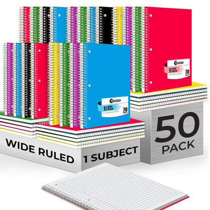 Rosmonde Spiral Notebooks, 12 Pack, 1 Subject Notebook, Wide Ruled, 70 Sheets, 8 x 10-1/2", 3 Hole Punched, School Supplies, Bulk Single Subject Spiral Notebook Bulk, Assorted Colors Pack of Notebooks