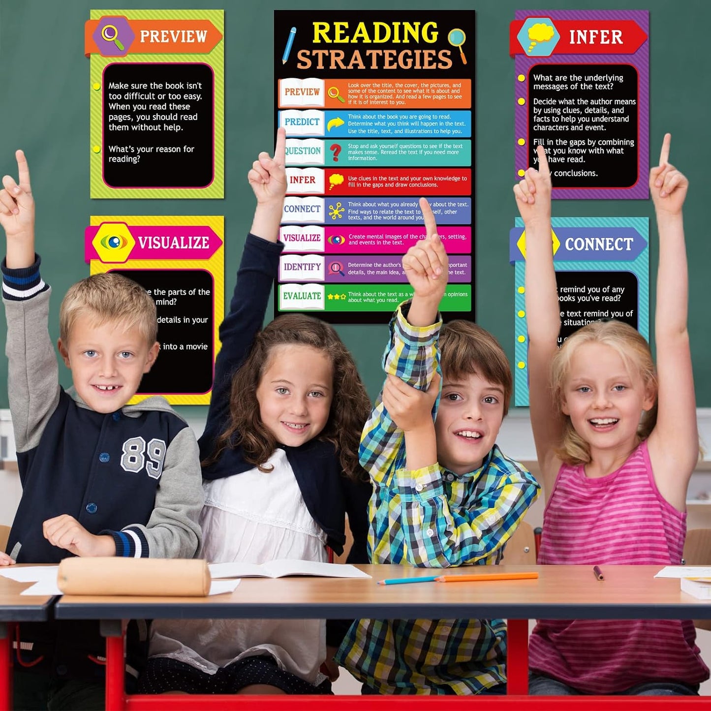 Tevxj 10 Pieces Reading Strategies Posters Educational Bulletin Board Set for Classroom Laminated Grammar Posters for Elementary Middle School Classroom Supplies Decorations