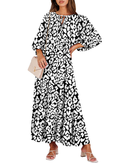ANRABESS Womens Boho Floral 3/4 Puff Sleeve Maxi Dress | Tiered Flowy Loose Fit, Comfy Soft Rayon Fabric, Wedding Guest Church Beach, Modest Elegant, Spring Summer Fall Outfits