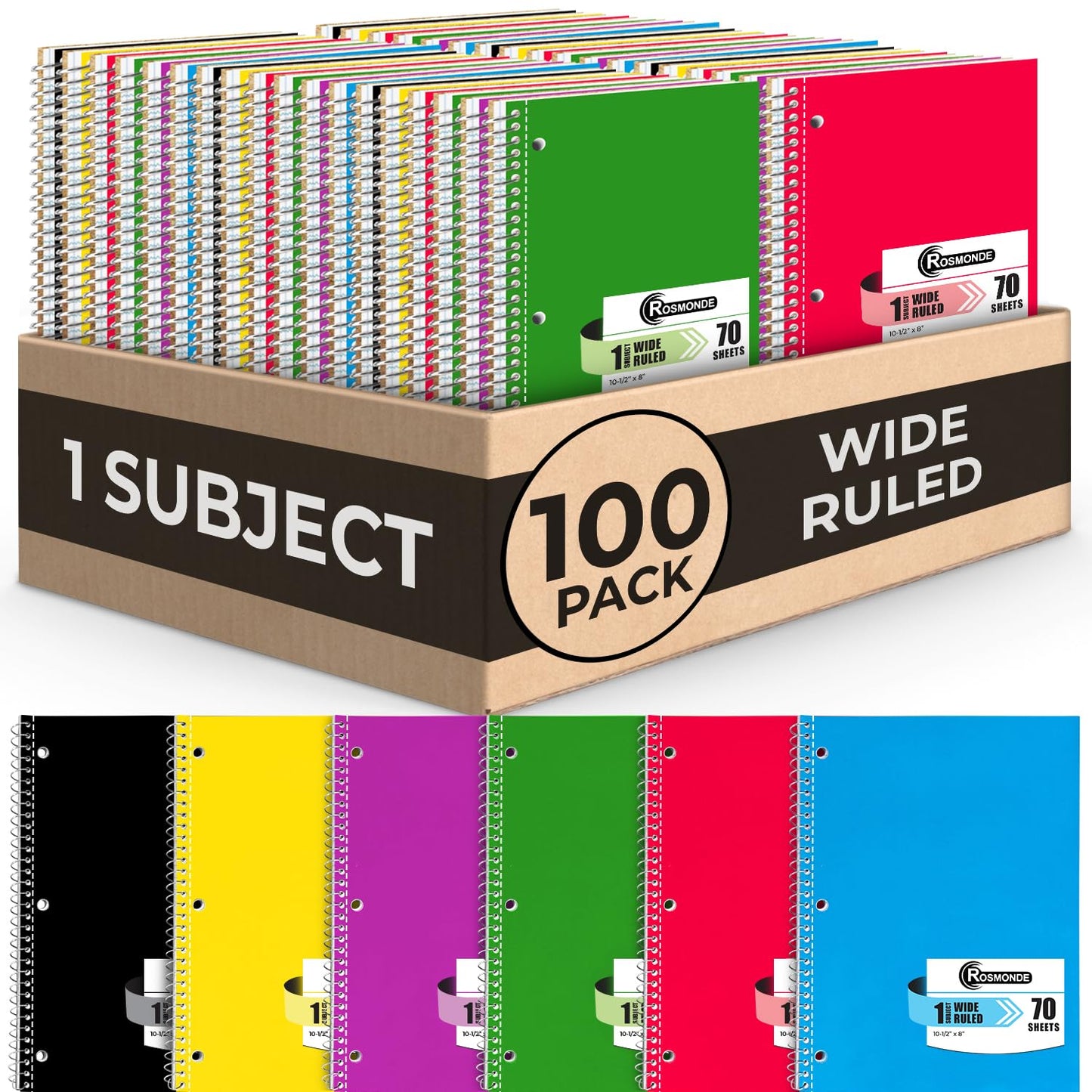 Rosmonde Spiral Notebooks, 12 Pack, 1 Subject Notebook, Wide Ruled, 70 Sheets, 8 x 10-1/2", 3 Hole Punched, School Supplies, Bulk Single Subject Spiral Notebook Bulk, Assorted Colors Pack of Notebooks