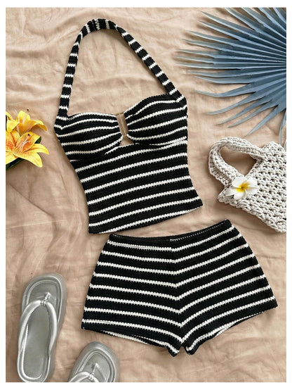 SOLY HUX Women's Summer 2 Piece Outfits Striped Crochet Halter Top Mini Shorts Set Beach Vacation Y2K Sets