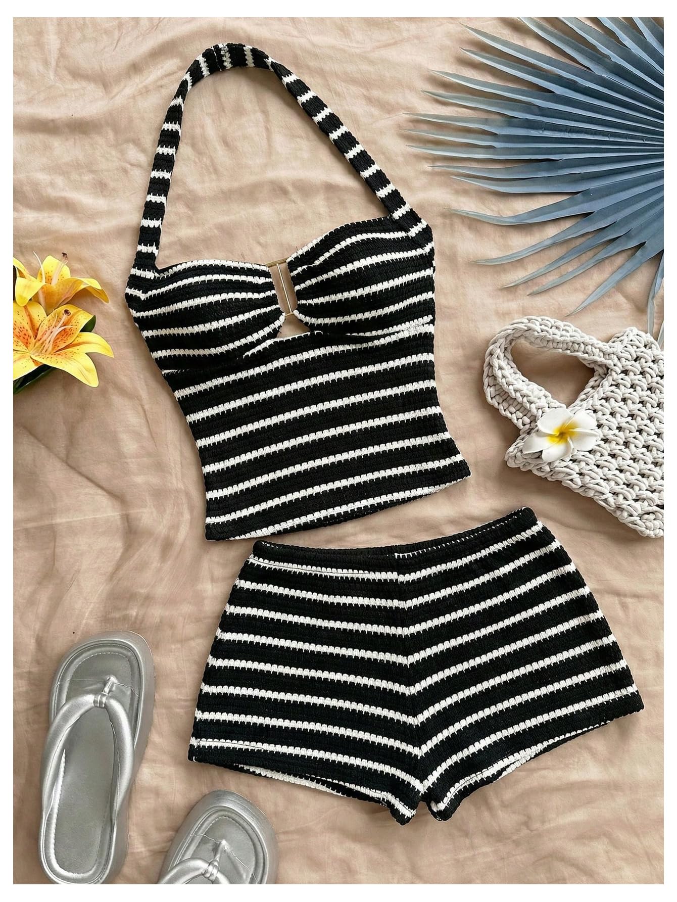 SOLY HUX Women's Summer 2 Piece Outfits Striped Crochet Halter Top Mini Shorts Set Beach Vacation Y2K Sets