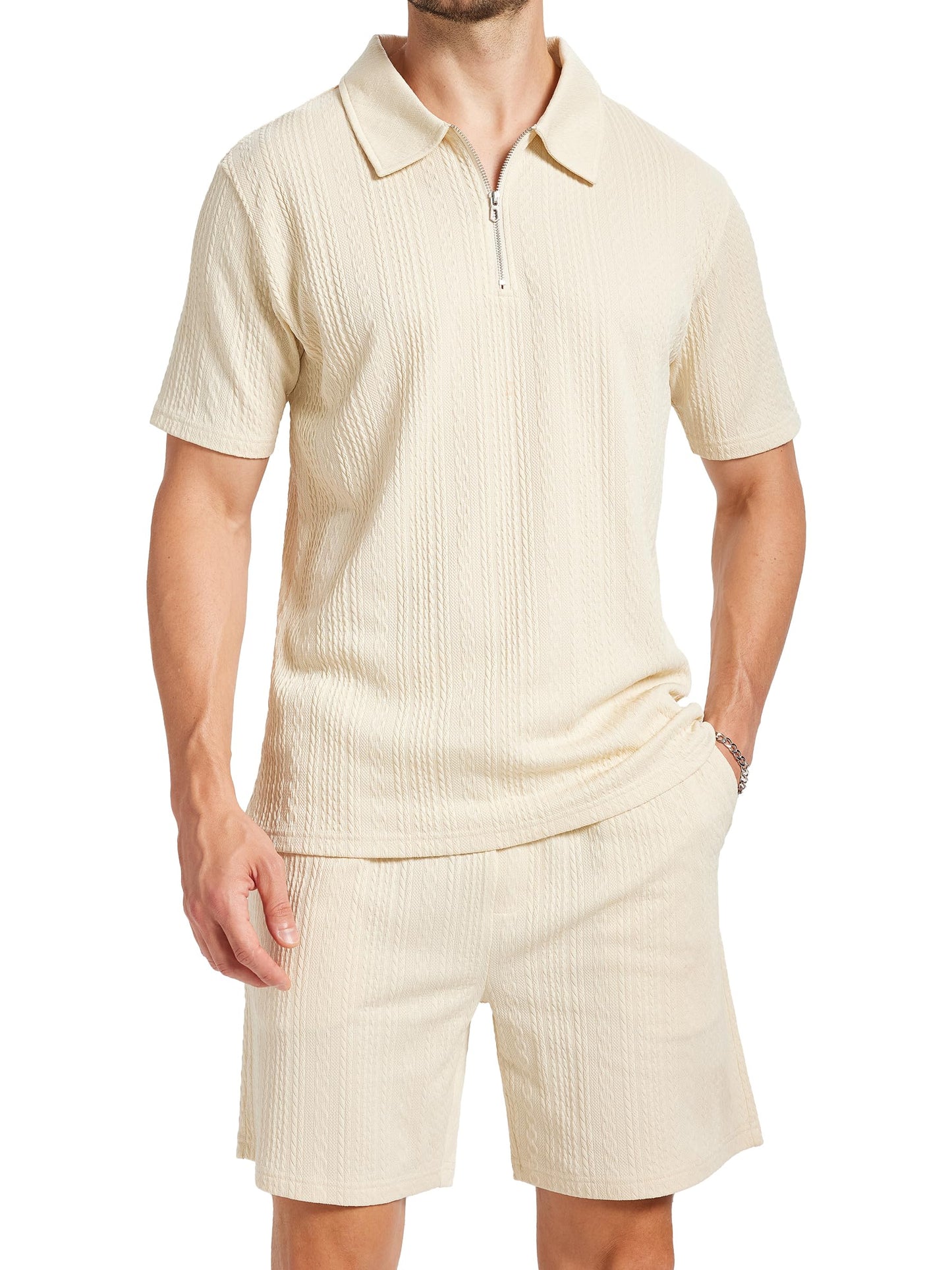 yuyangdpb Men's 2 Piece Summer Vacation Outfits Polo Shirt & Shorts Set | Breathable Textured Knit Fabric, Stretchy, Soft, Moisture-wicking, Lightweight, Ideal for Beach Casual Tracksuit, M-2XL