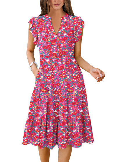 ANRABESS Womens Summer Dress Ruffle Sleeve V Neck Midi Dresses Fashion Casual Fit Flowy Tiered Boho Beach Vacation Sundress