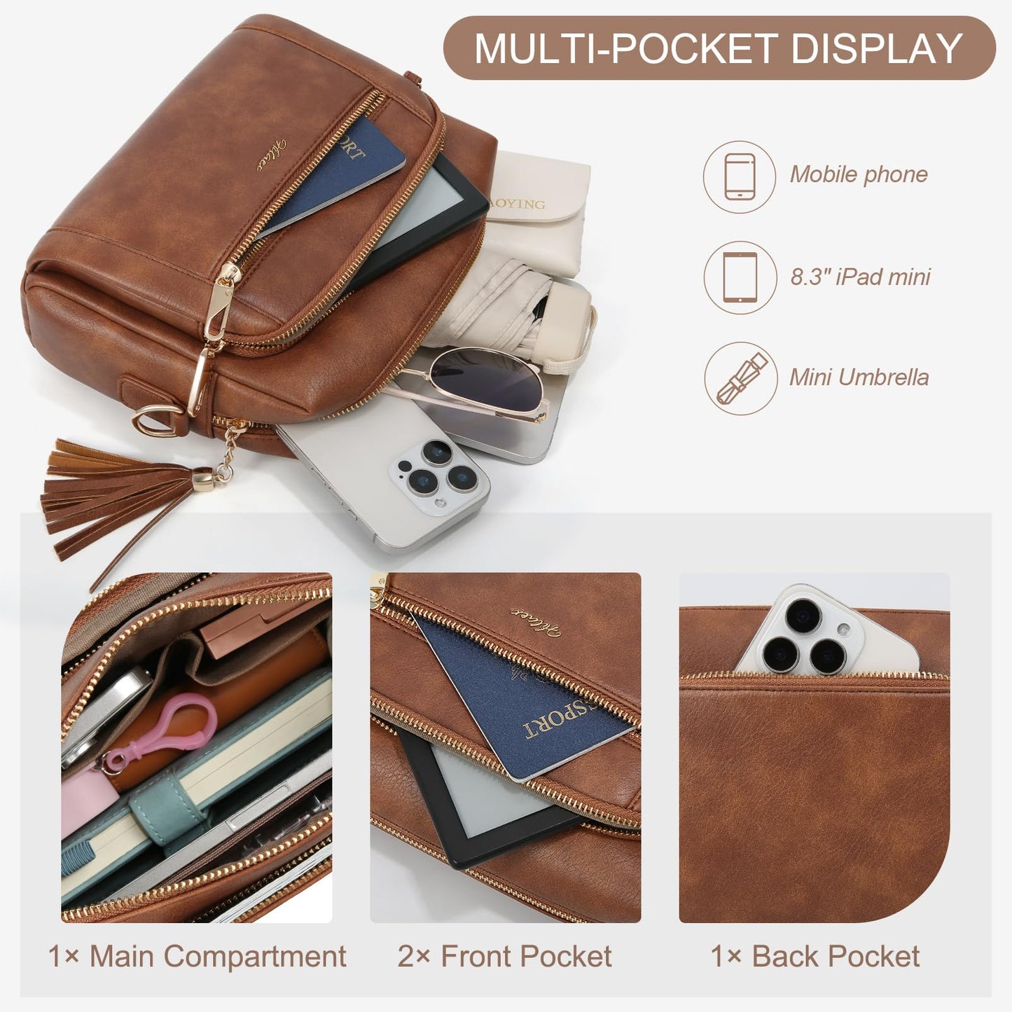 Small Leather Crossbody Bags for Women Anti theft Purses and Handbag Shoulder Hangbag with Wide Strap Tassel