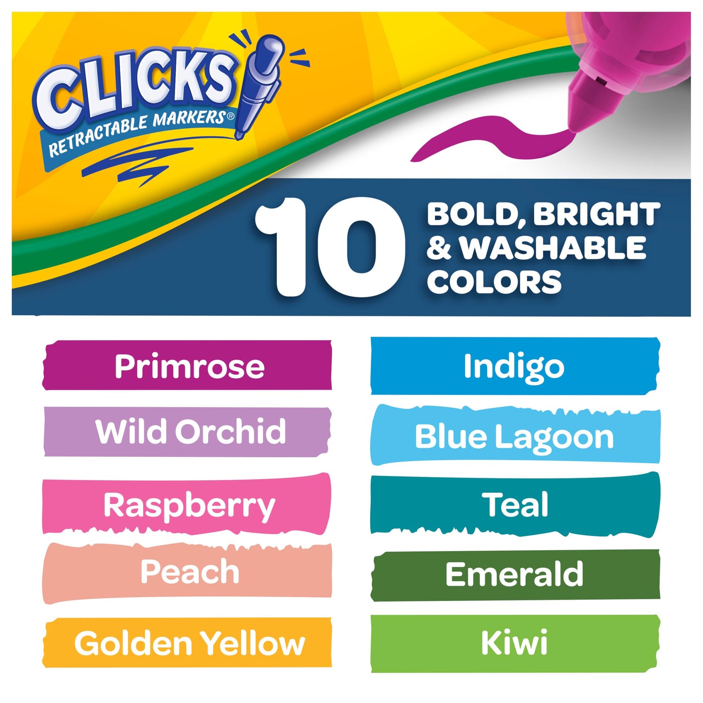 Crayola Clicks Retractable Tip Markers (10ct), Washable Cone Tip Art Marker Set, Cute Aesthetic School Supplies, Classroom Must Haves, Ages 3+