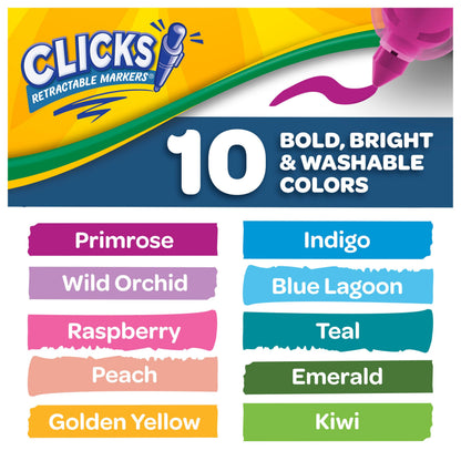 Crayola Clicks Retractable Tip Markers (10ct), Washable Cone Tip Art Marker Set, Cute Aesthetic School Supplies, Classroom Must Haves, Ages 3+
