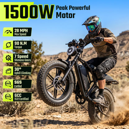 Electric Bike for Adults, Peak 1500W Motor Retro E Bike, Range 65/120Miles, 48V 15Ah Removable Battery, 20"x4" Fat Tires, Full Suspension, APP Control, Off-Road Ebike for City Commuting